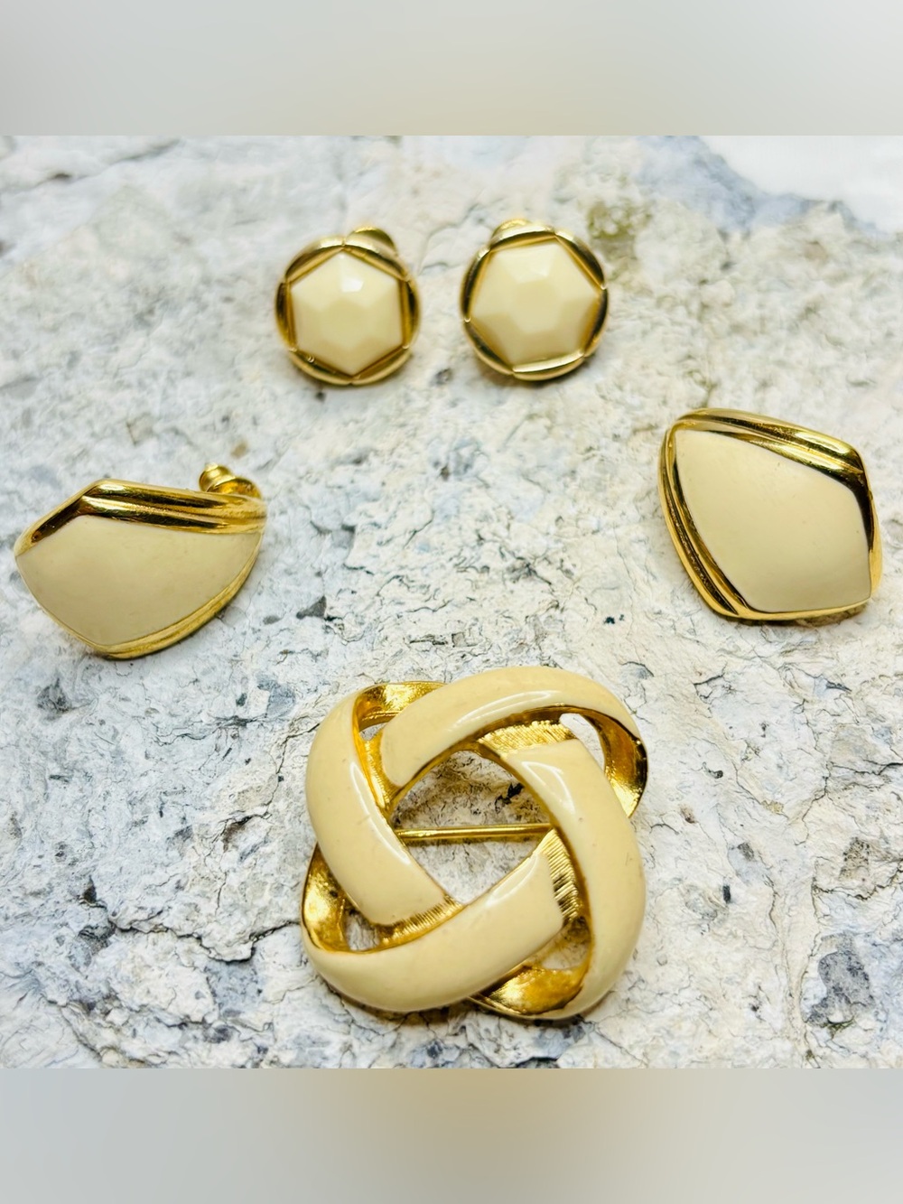 Vintage Monet Cream and Gold Pierced Earrings Set with Coro Craft Brooch
